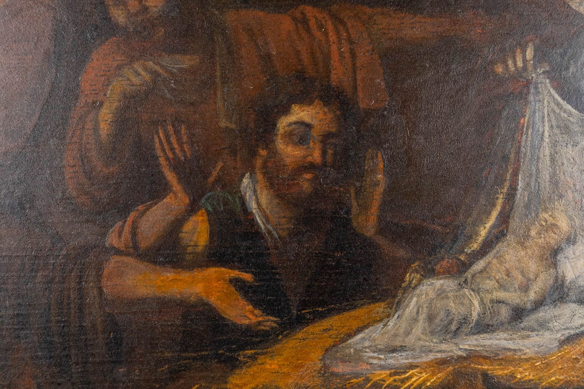 An antique folklore painting, 'Birth of Christ' oil on panel. 17th/18th C. (W:38 x H:26 cm) - Image 6 of 9