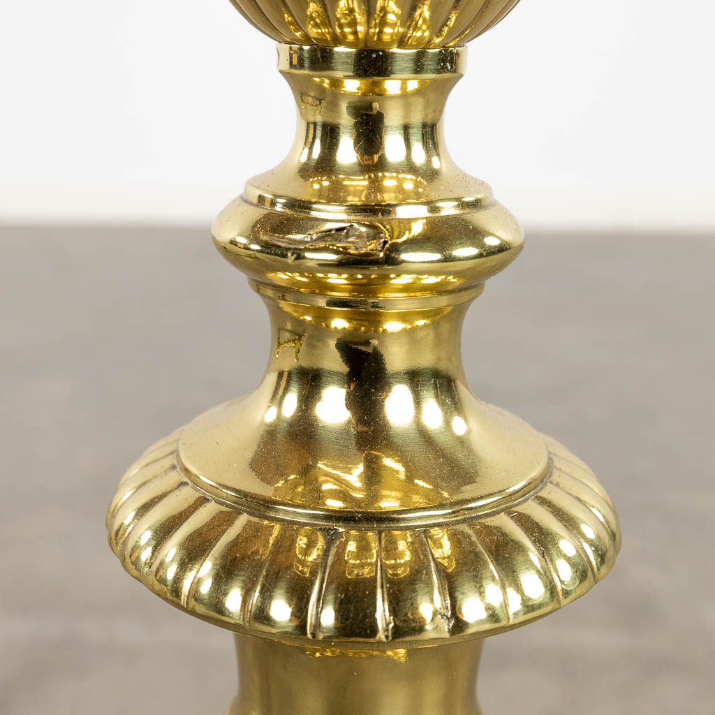 A pair of church candlesticks or candle holders polished bronze. 19th C. (D:24 x W:27 x H:88 cm) - Image 11 of 15