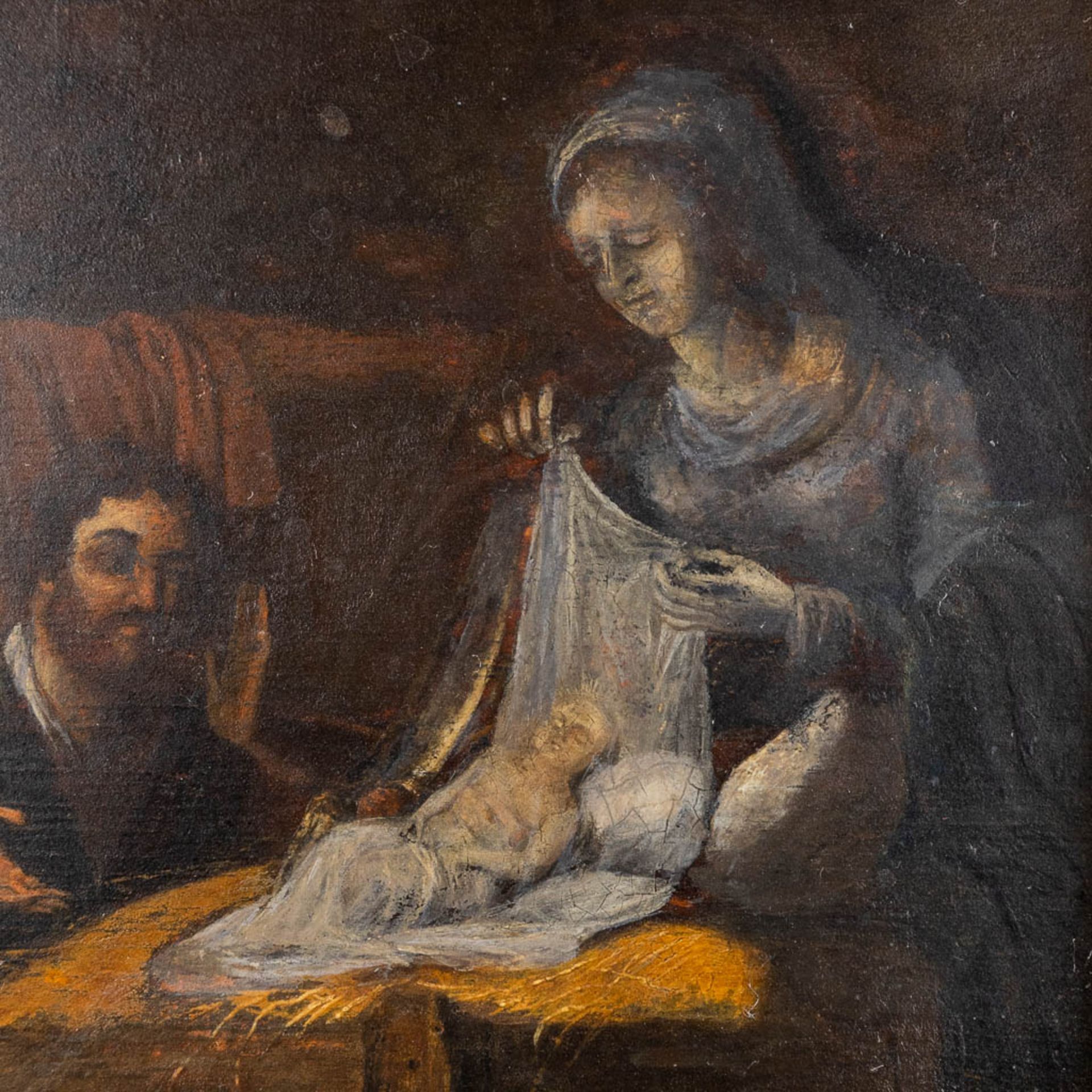 An antique folklore painting, 'Birth of Christ' oil on panel. 17th/18th C. (W:38 x H:26 cm) - Image 7 of 9