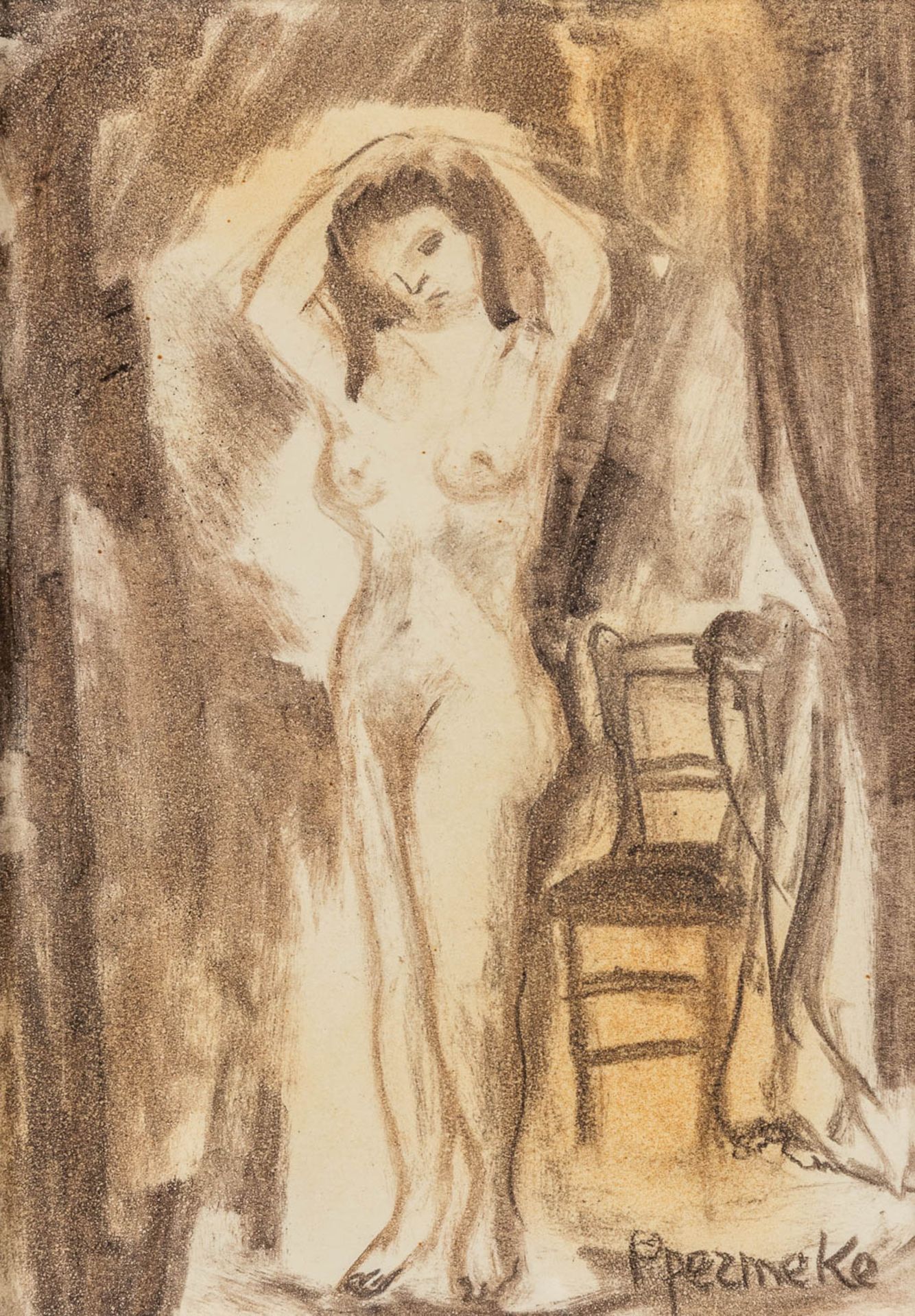 Paul PERMEKE (1918-1990) 'Standing Nude' charcoal on paper. (W:25 x H:35 cm)