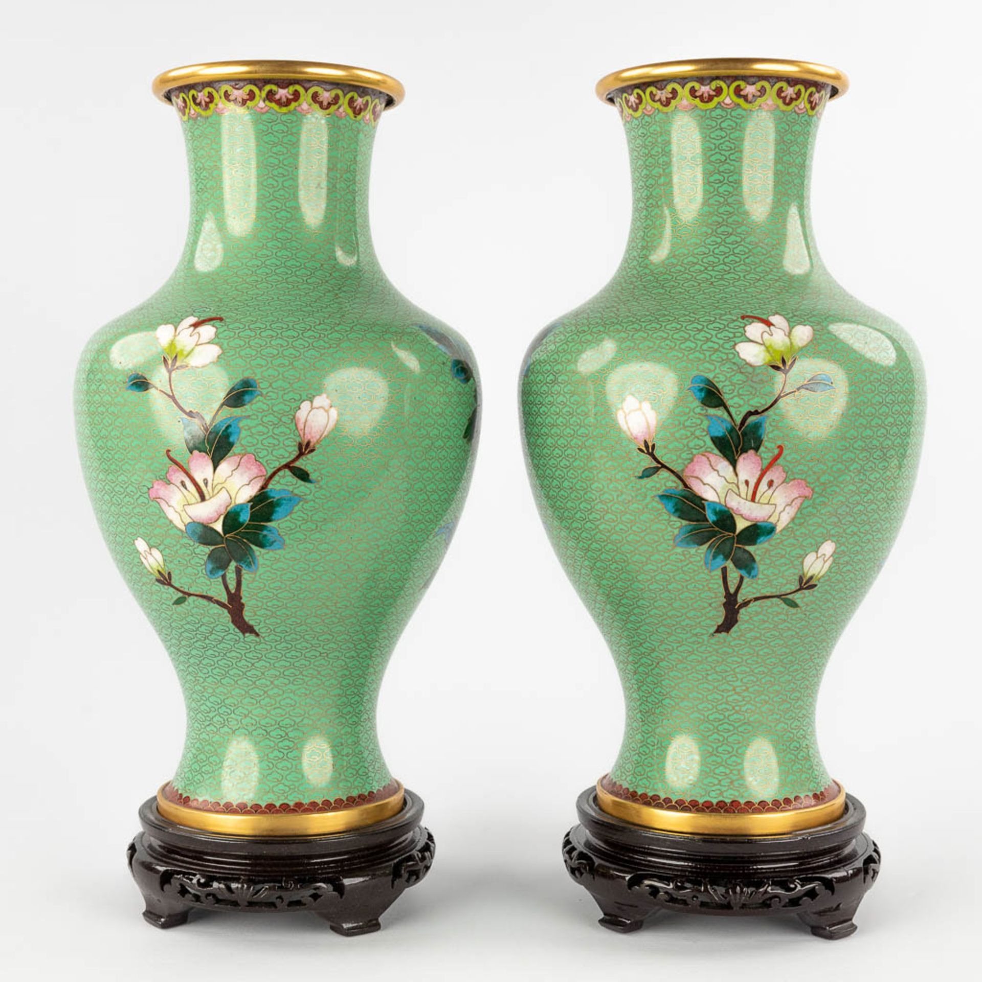 A pair of bronze vases with cloisonné enamel decor of fauna and flora. 20th C. (H:38 x D:22 cm) - Bild 5 aus 16