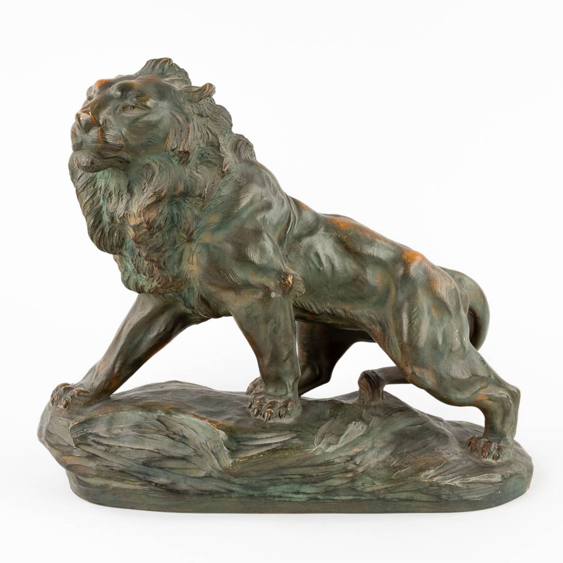 Armand FAGOTTO (XIX-XX) 'Lion' patinated terracotta. (D:20 x W:47 x H:39 cm) - Image 3 of 12
