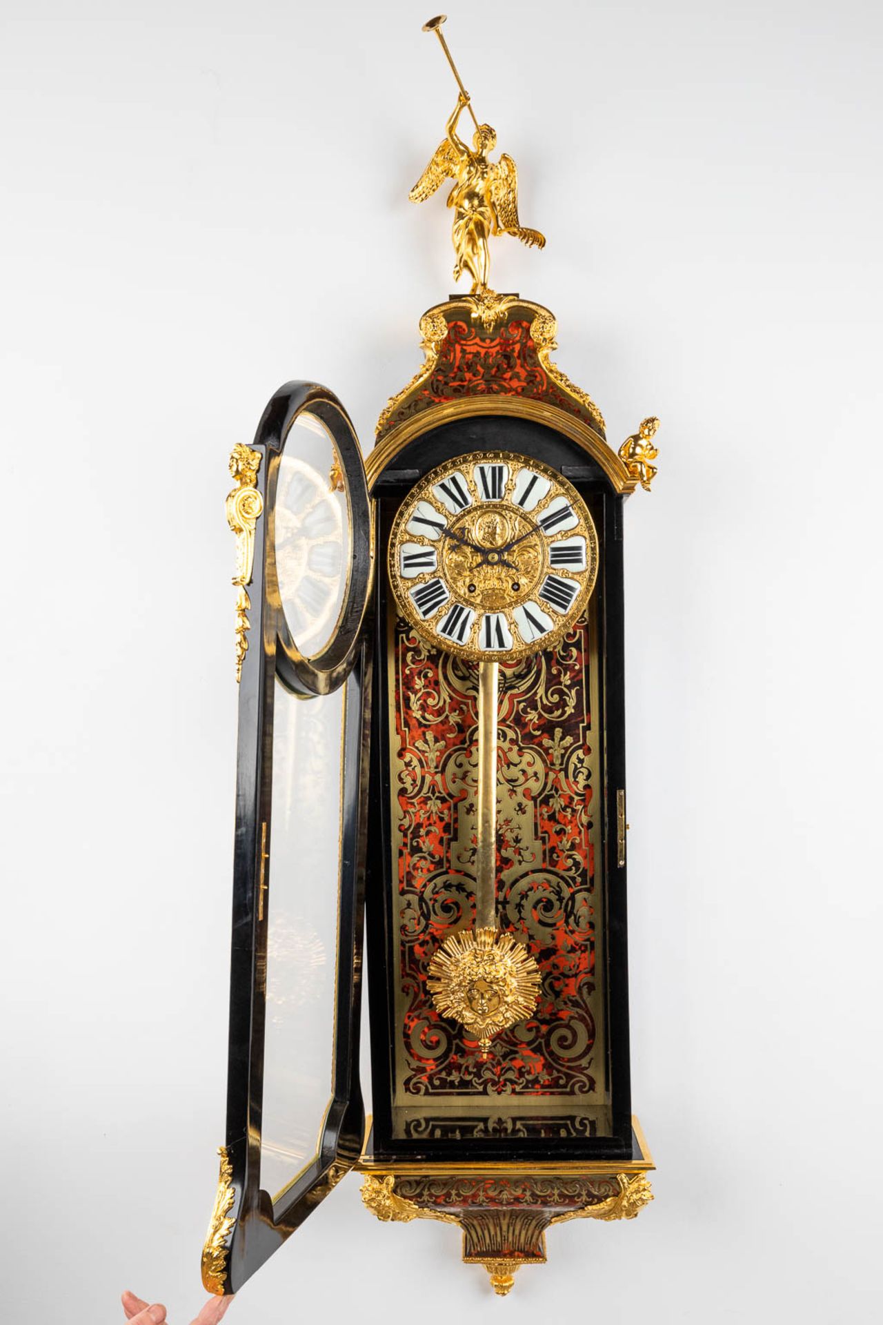 A Vienna Regulator clock, Boulle, Tortoiseshell and copper inlay, Napoleon 3, 19th C. (D:16 x W:36 x - Image 9 of 11
