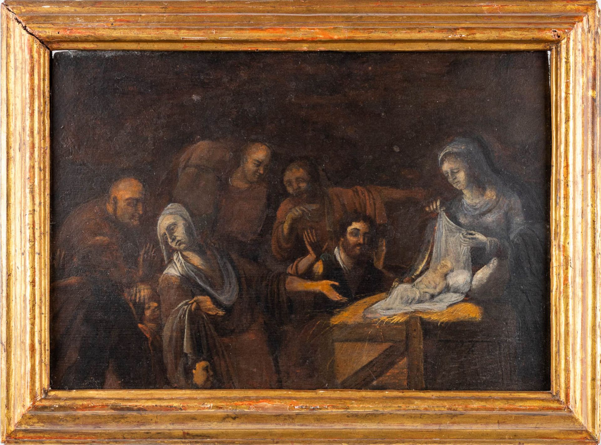 An antique folklore painting, 'Birth of Christ' oil on panel. 17th/18th C. (W:38 x H:26 cm) - Image 3 of 9