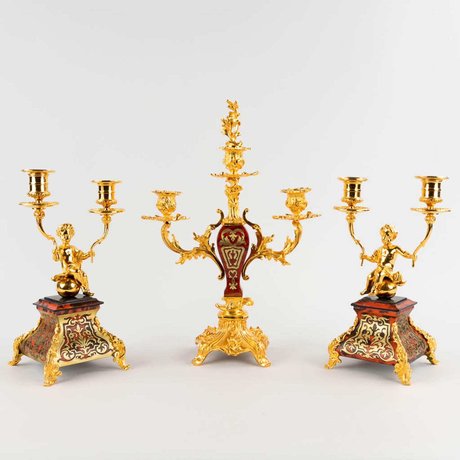 Three table candelabra, gilt bronze and Boulle, tortoise Shell and copper inlay. Napoleon 3, 19th C.