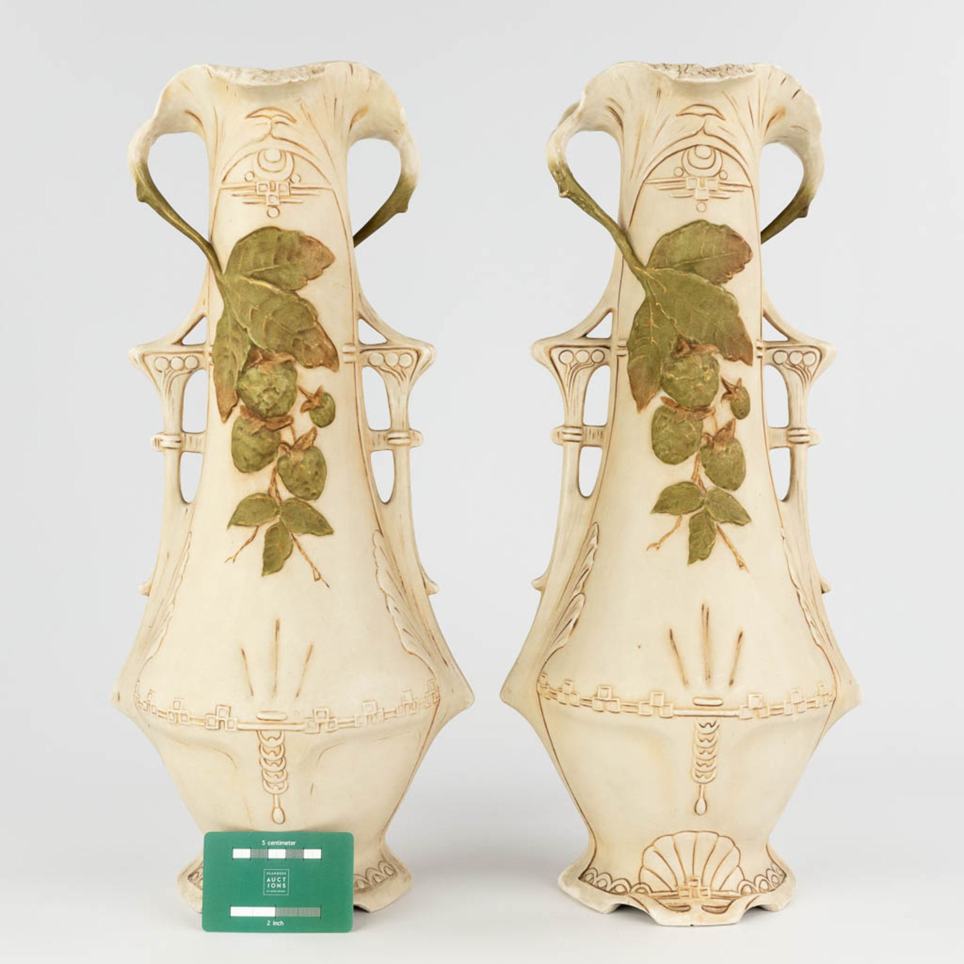 Royal Dux, a pair of faience vases, art nouveau. Circa 1900. (D:18 x W:22 x H:48 cm) - Image 2 of 14