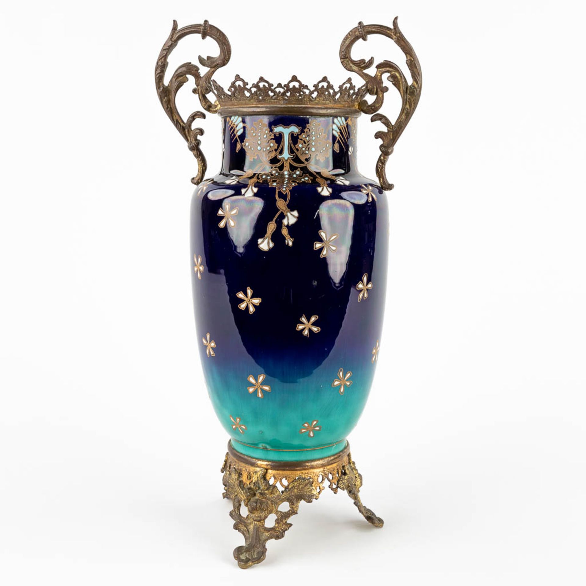 Luneville, a large brass mounted faience vase with starry sky decor. Art Nouveau. (D:15 x W:20 x H:3 - Bild 5 aus 12