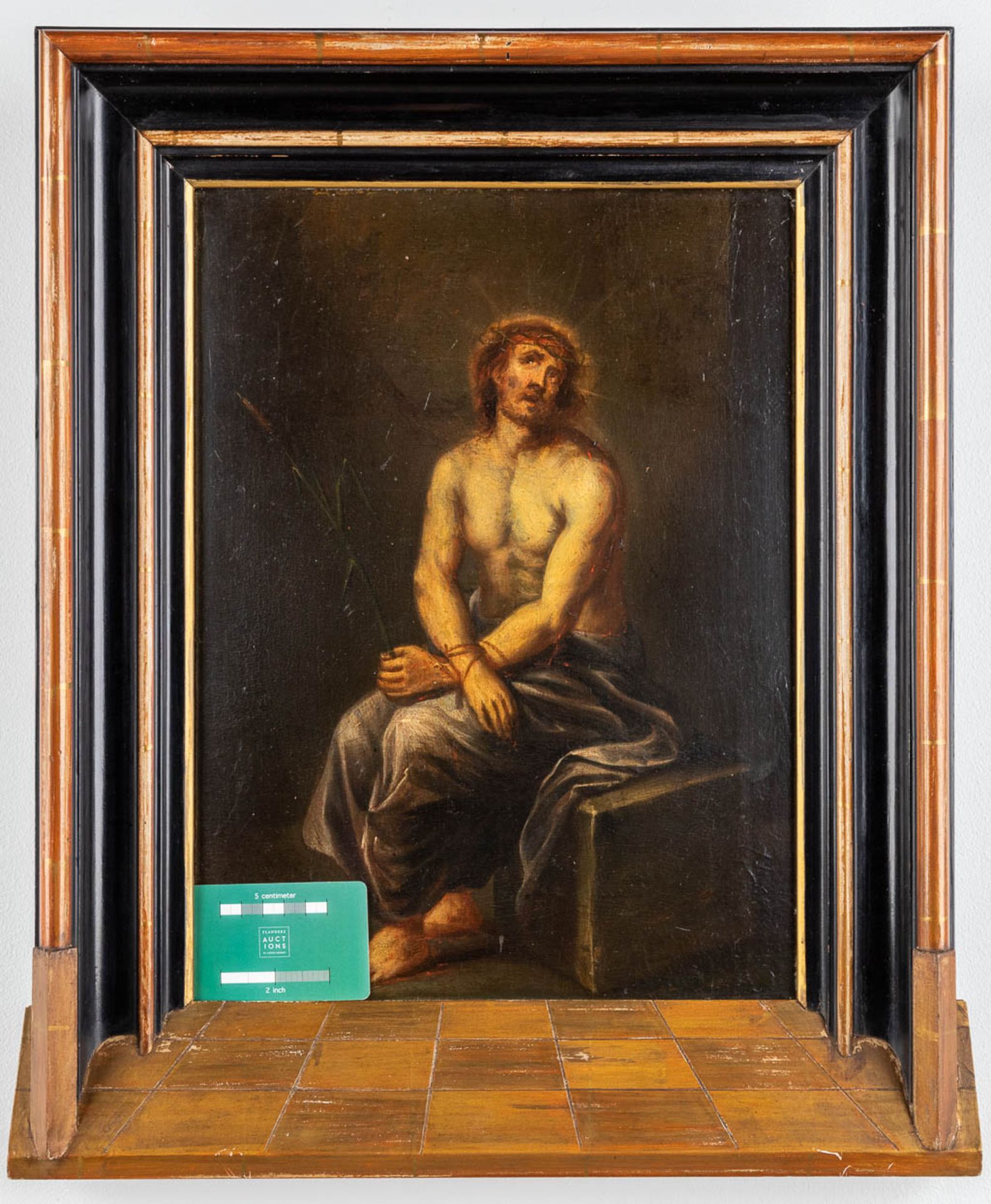 'Pensive Christ', an antique painting, oil on panel. 18th C. (W:30 x H:39 cm) - Image 2 of 7