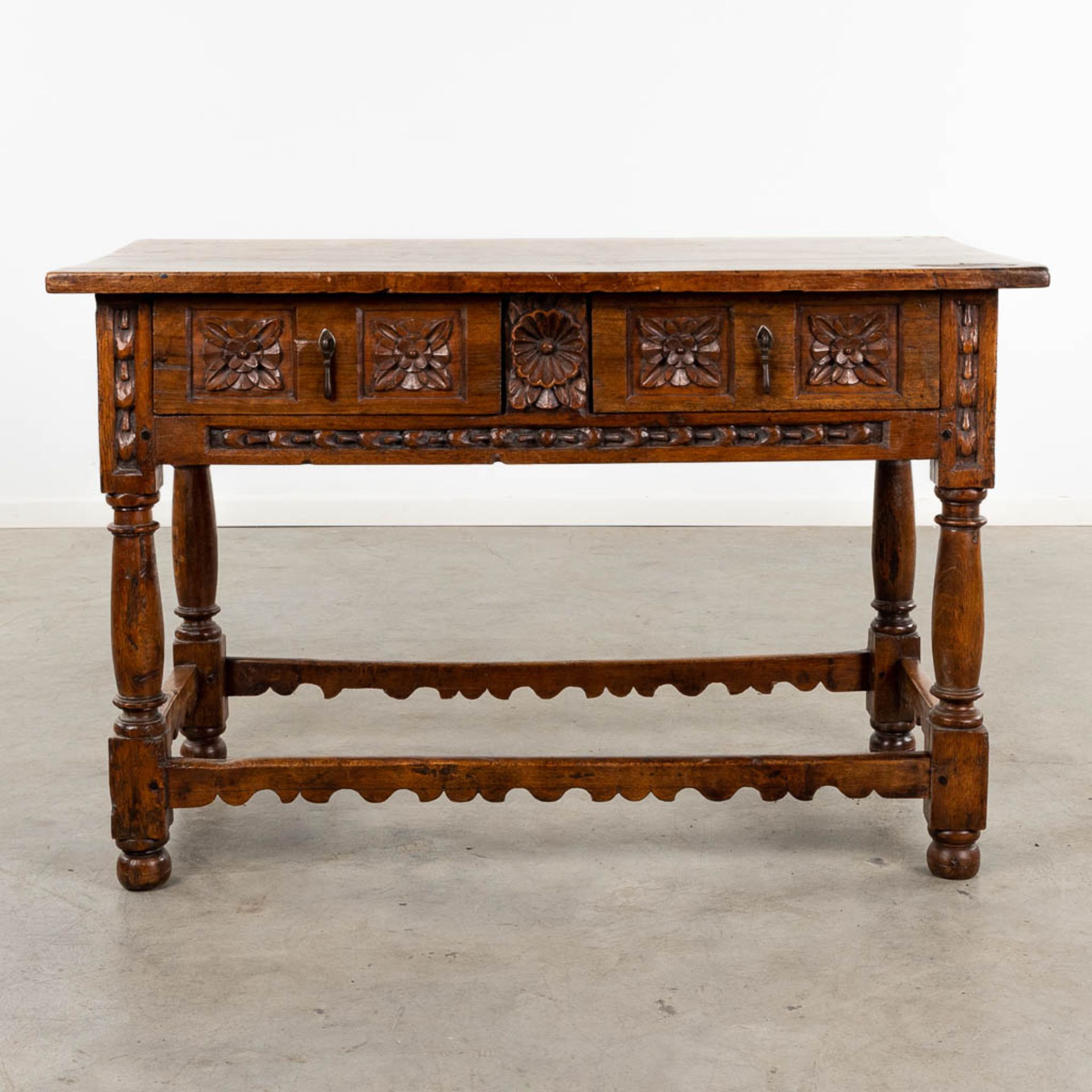An antique "Table De Milieu", sculptured wood. Spain, 18th C. (D:72 x W:127 x H:82 cm) - Image 7 of 13