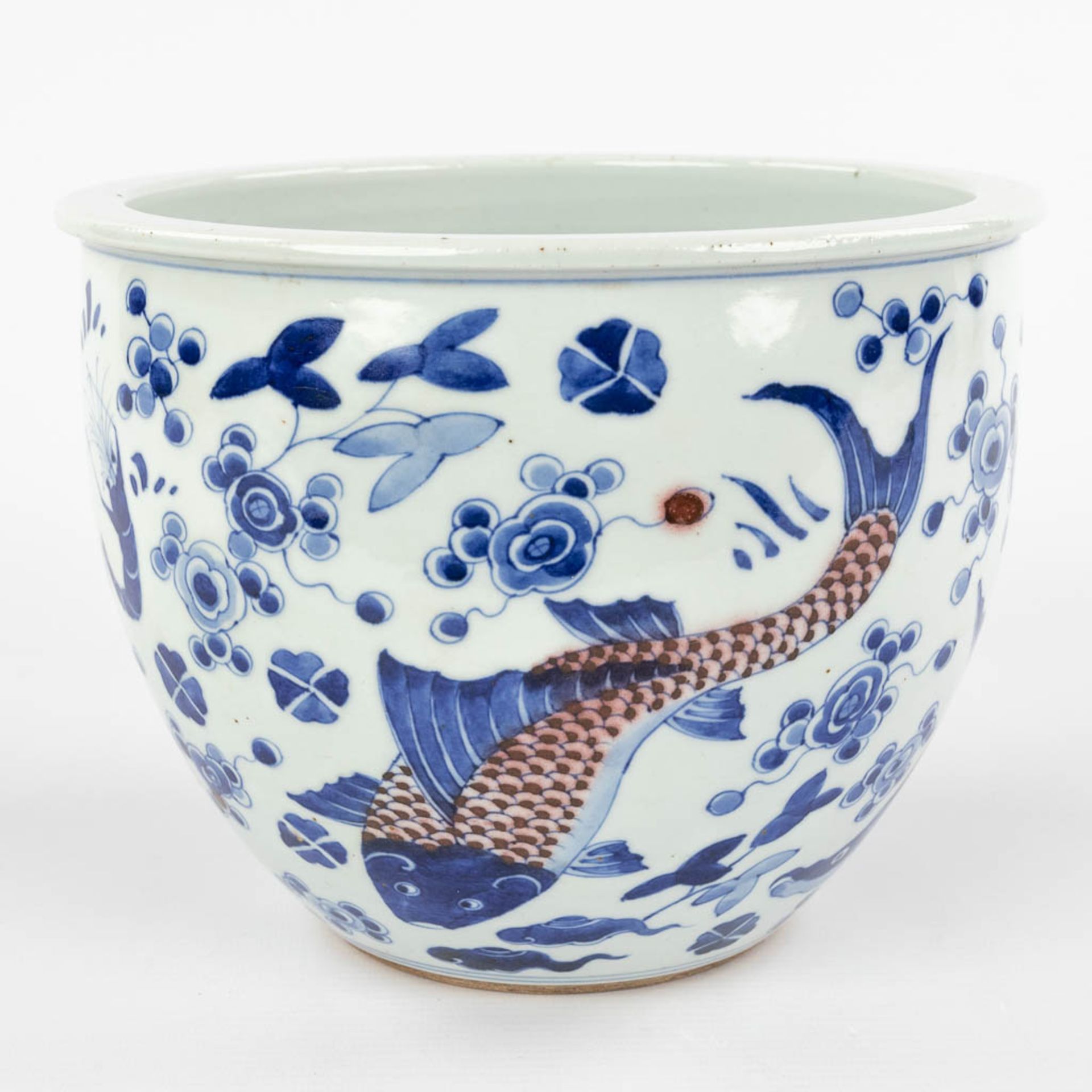 A large Chinese porcelain fish bowl, blue-white decor, 18th/19th C. (H:17 x D:22 cm) - Image 5 of 11