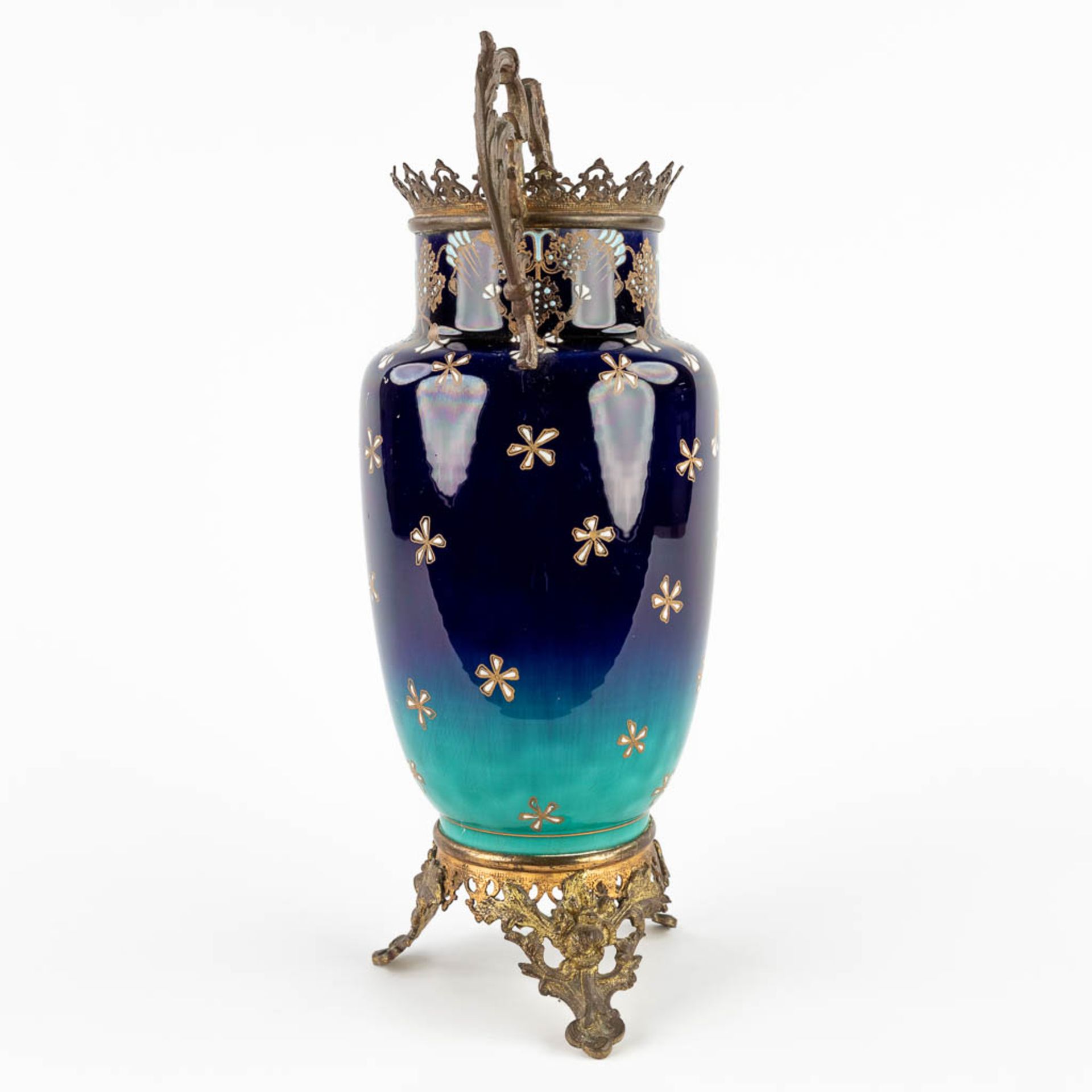 Luneville, a large brass mounted faience vase with starry sky decor. Art Nouveau. (D:15 x W:20 x H:3 - Bild 4 aus 12