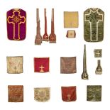 Two Roman Chasubles, Stola, manliple and eight Chalice veil.