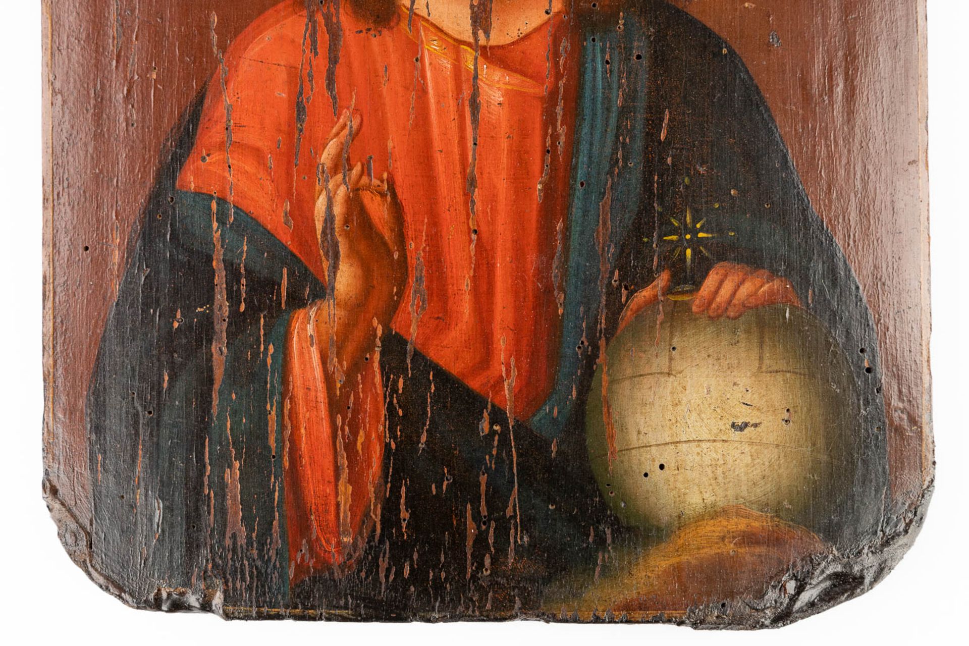 An antique Eastern European icon with an image of Salvator Mundi. 19th C. (W:24,5 x H:31 cm) - Bild 4 aus 8