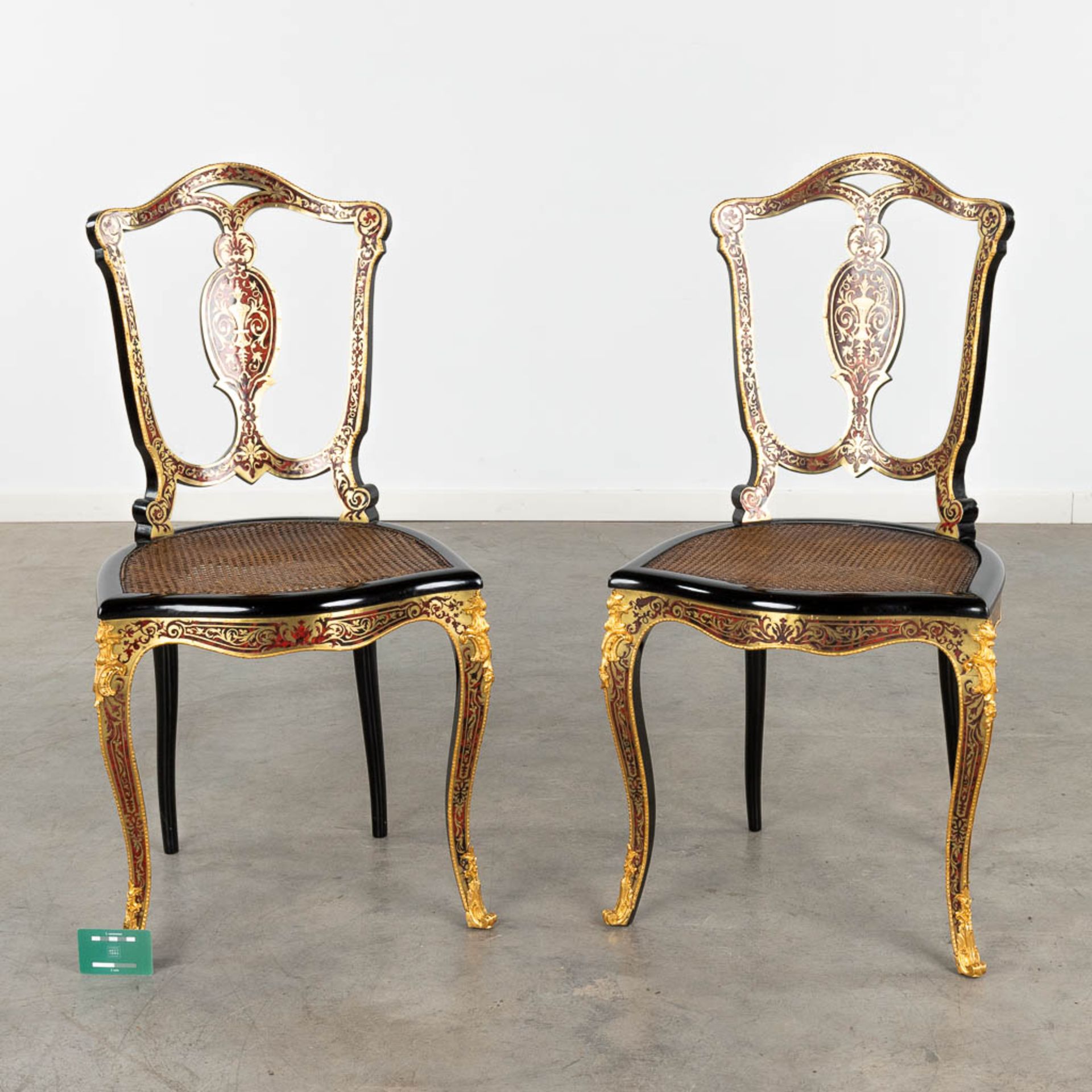 A pair of chairs, Boulle, tortoise shell and copper inlay, Napoleon 3, 19th C. (D:47 x W:46 x H:90 c - Image 2 of 11