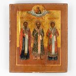 An antique Russian Icon 'Three Holy Hierarchs of Orthodox Christianity'. 19th C. (W:26,5 x H:31 cm)