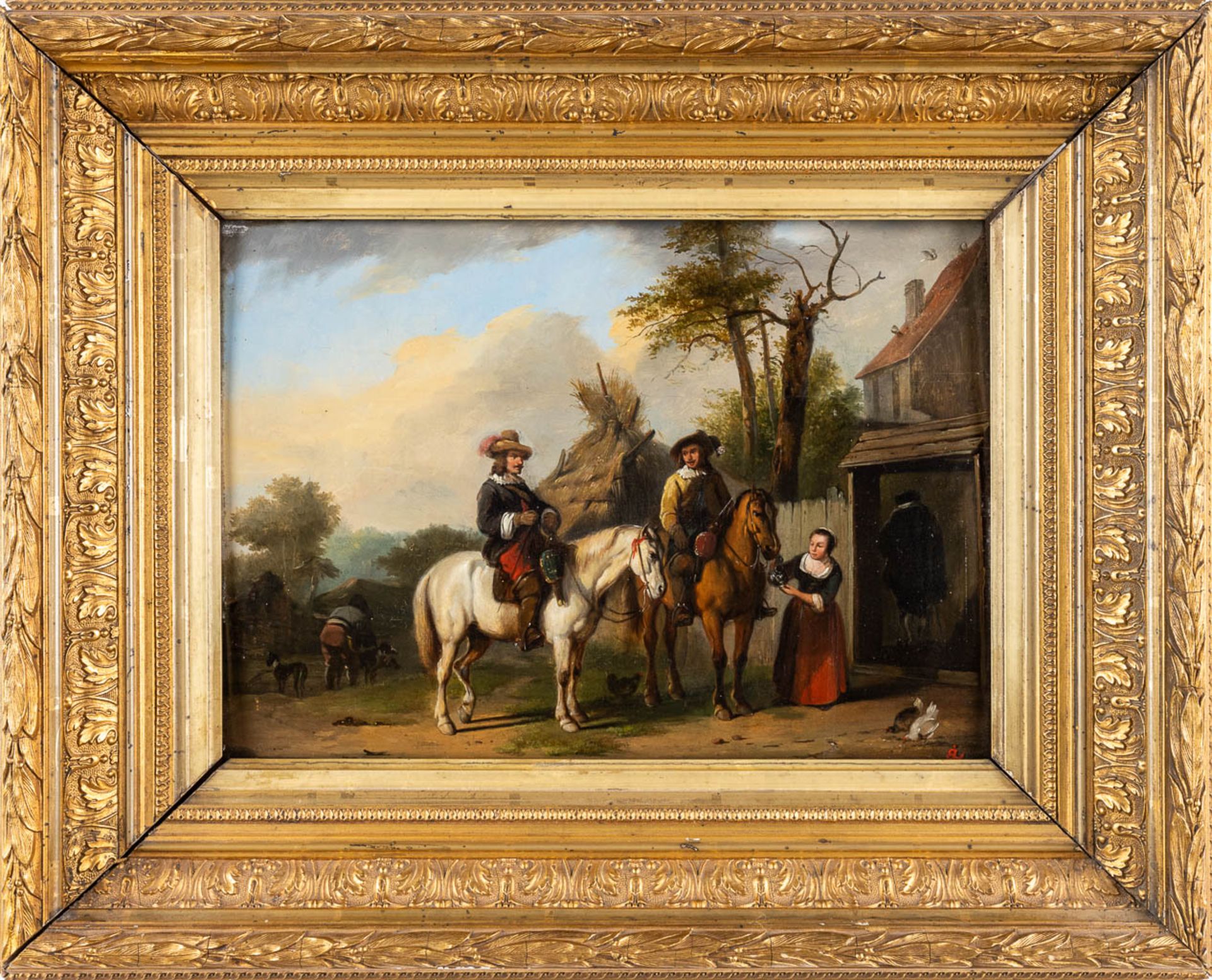 An antique painting, 'Travelling by Horse' oil on panel. 19th C. (W:35 x H:26 cm) - Image 3 of 8