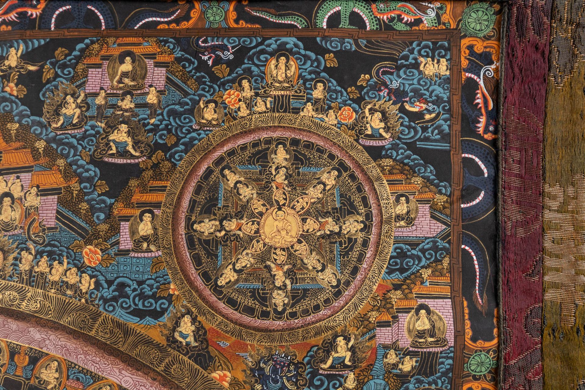 An Eastern Thangka, hand-painted decor on silk. (W:57 x H:74 cm) - Image 6 of 13