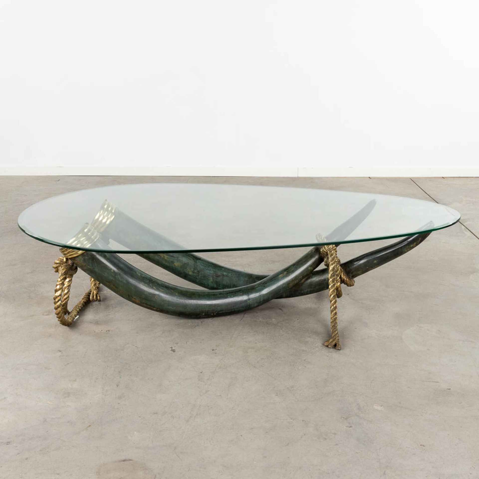 A coffee table, faux tusks, bronze, Valenti, Spain. Circa 1980. (D:100 x W:168 x H:40 cm) - Image 3 of 11