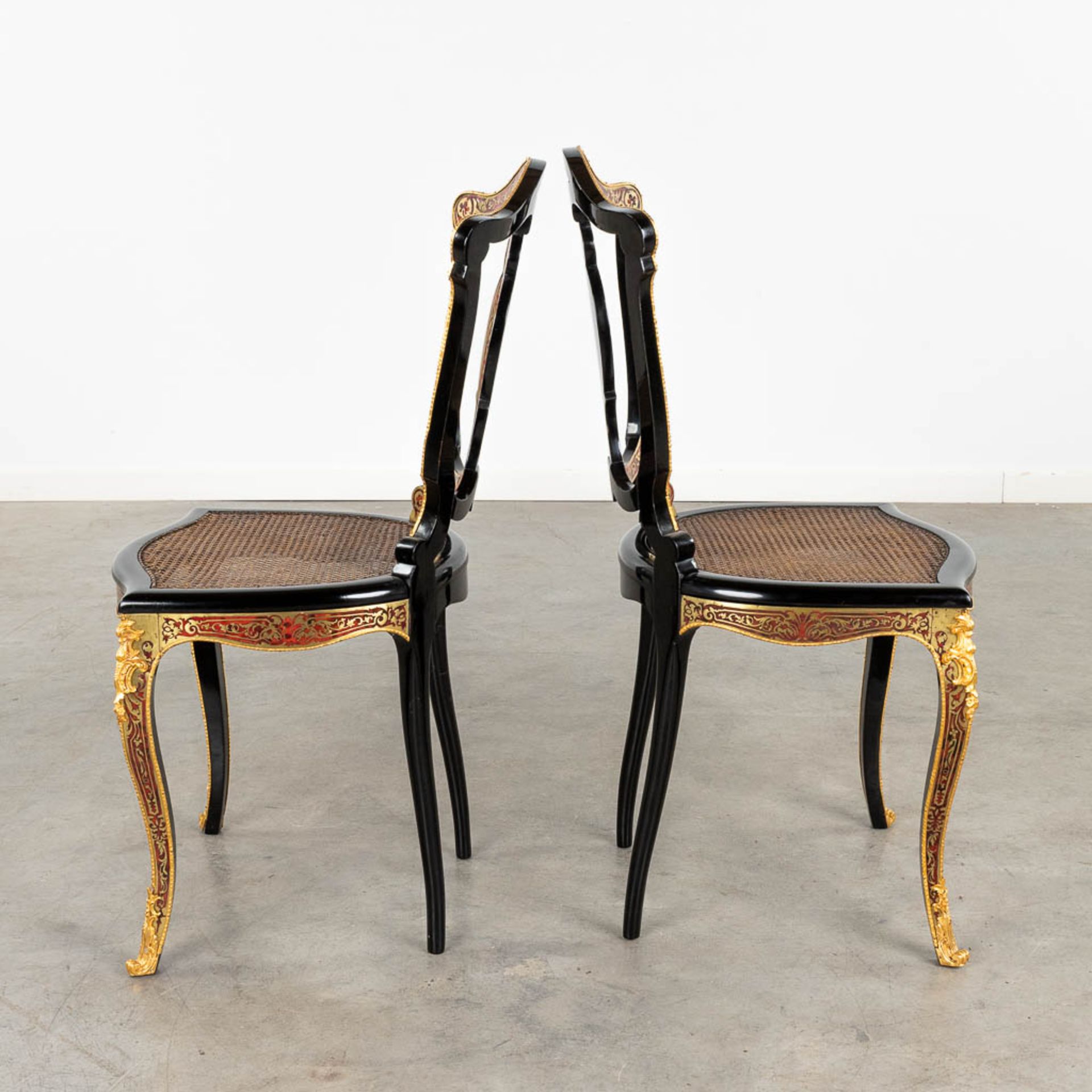 A pair of chairs, Boulle, tortoise shell and copper inlay, Napoleon 3, 19th C. (D:47 x W:46 x H:90 c - Image 4 of 11