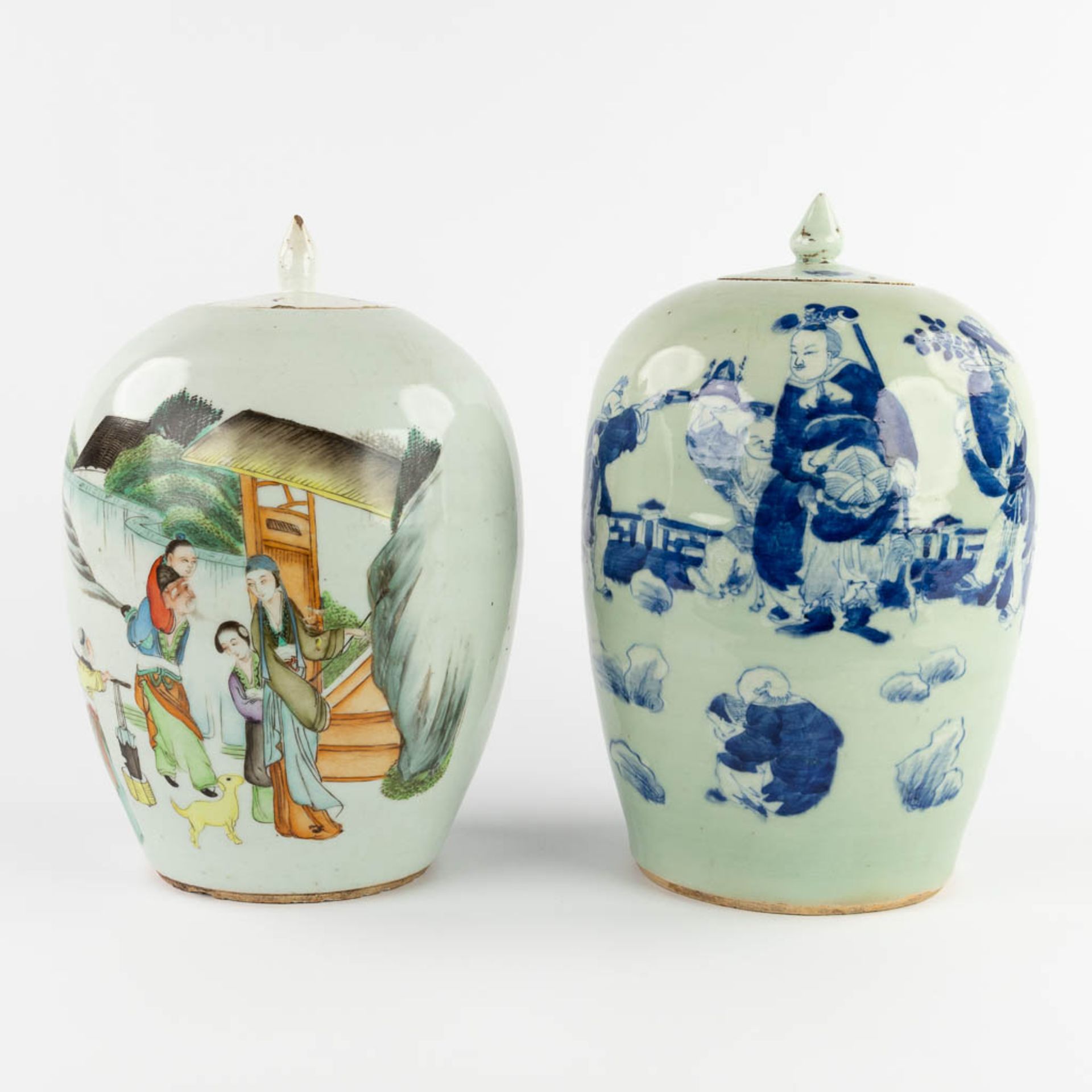 Two Chinese ginger jars, celadon and polychrome decor. 19th/20th C. (H:34 x D:22 cm)