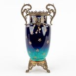 Luneville, a large brass mounted faience vase with starry sky decor. Art Nouveau. (D:15 x W:20 x H:3