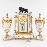 A three-piece mantle garniture portico clock and cassolettes, bronze mounted marble. 19th C. (D:19 x