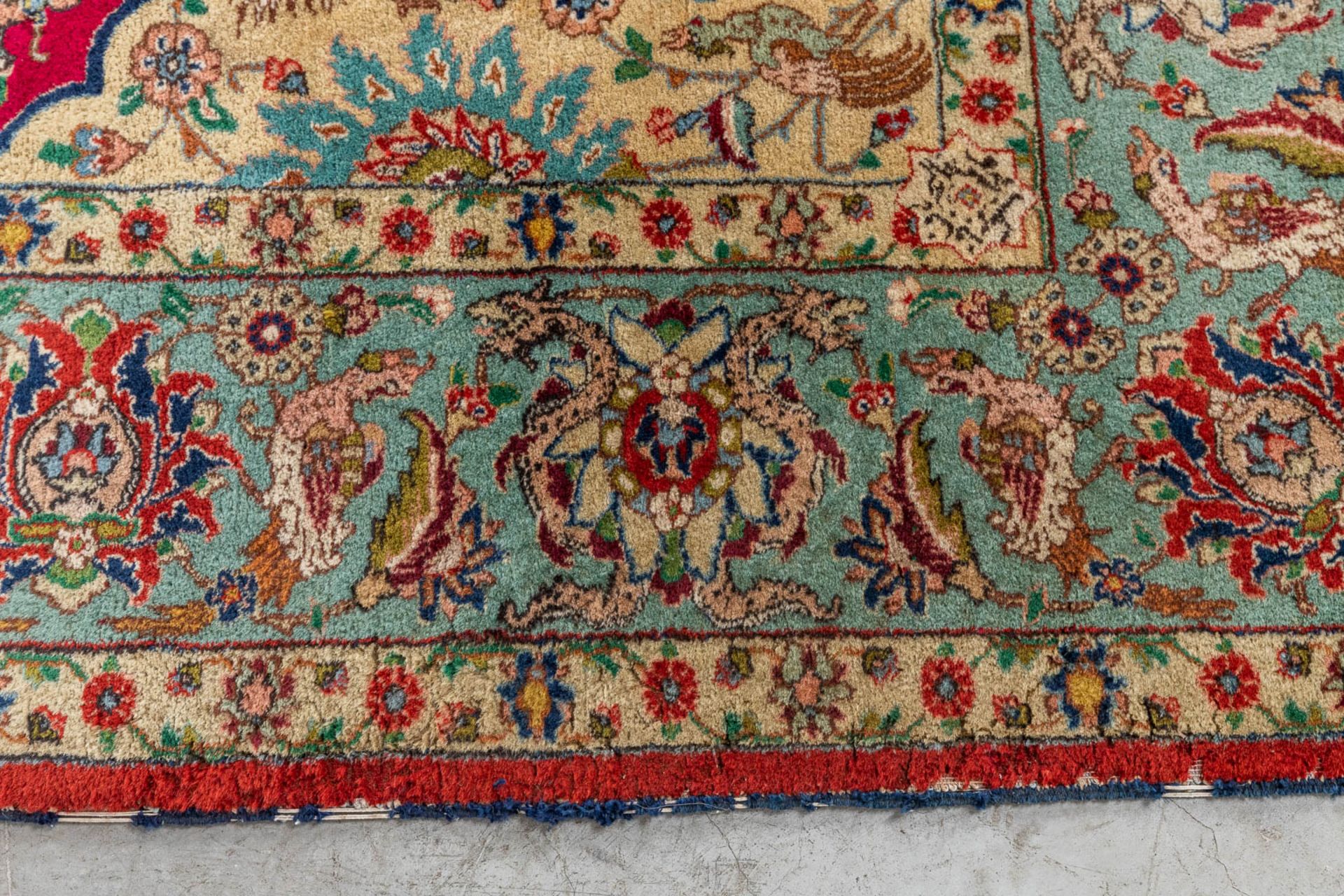 An Oriental hand-made carpet, decor of mythological figurines. (D:275 x W:350 cm) - Bild 7 aus 9