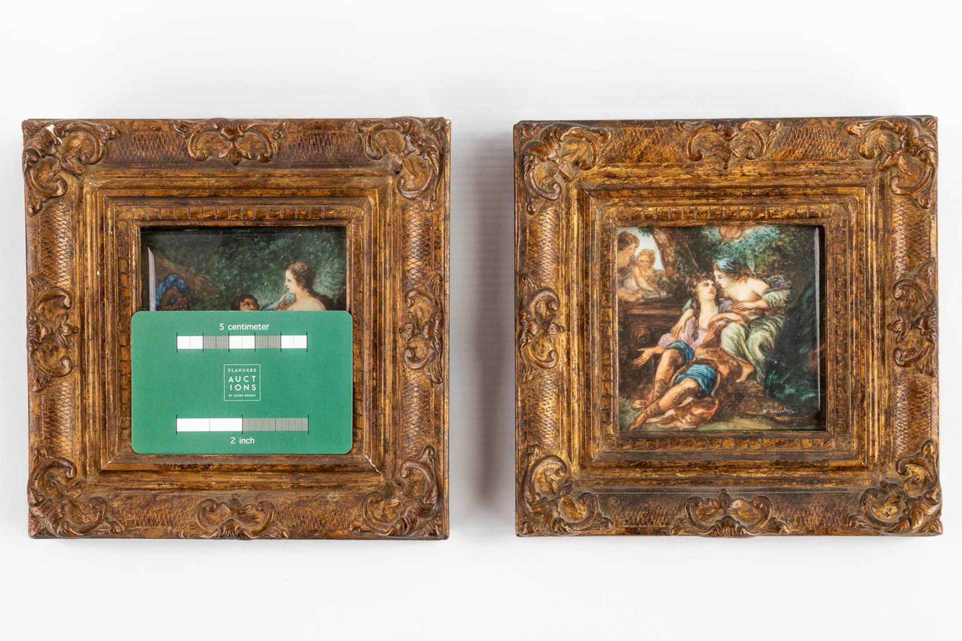 Two miniature paintings, oil on bone. After François Boucher. 19th C. (W:9 x H:9 cm) - Image 2 of 11