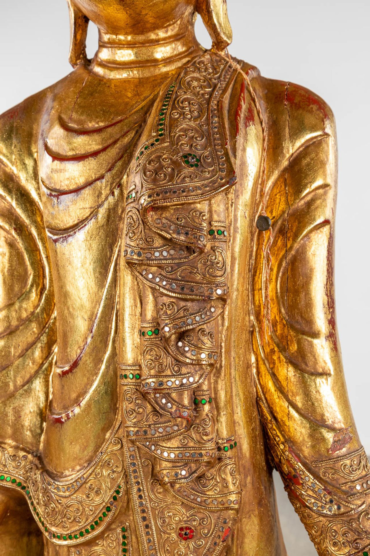 A large and decorative wood sculptured figurine of Buddha, 20th C. (D:30 x W:67 x H:164 cm) - Image 9 of 15