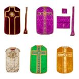 A set of 5 Roman Chasubles with two matching stola and a Chalice veil.
