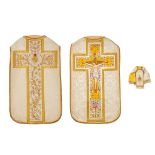 Lithurgical vestments 'Two Roman Chasubles', thick gold thread embroideries with a floral decor and