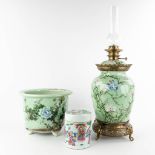 Three pieces of Chinese porcelain, Celadon and Famille Rose, 19th/20th C. (H:79 x D:26 cm)