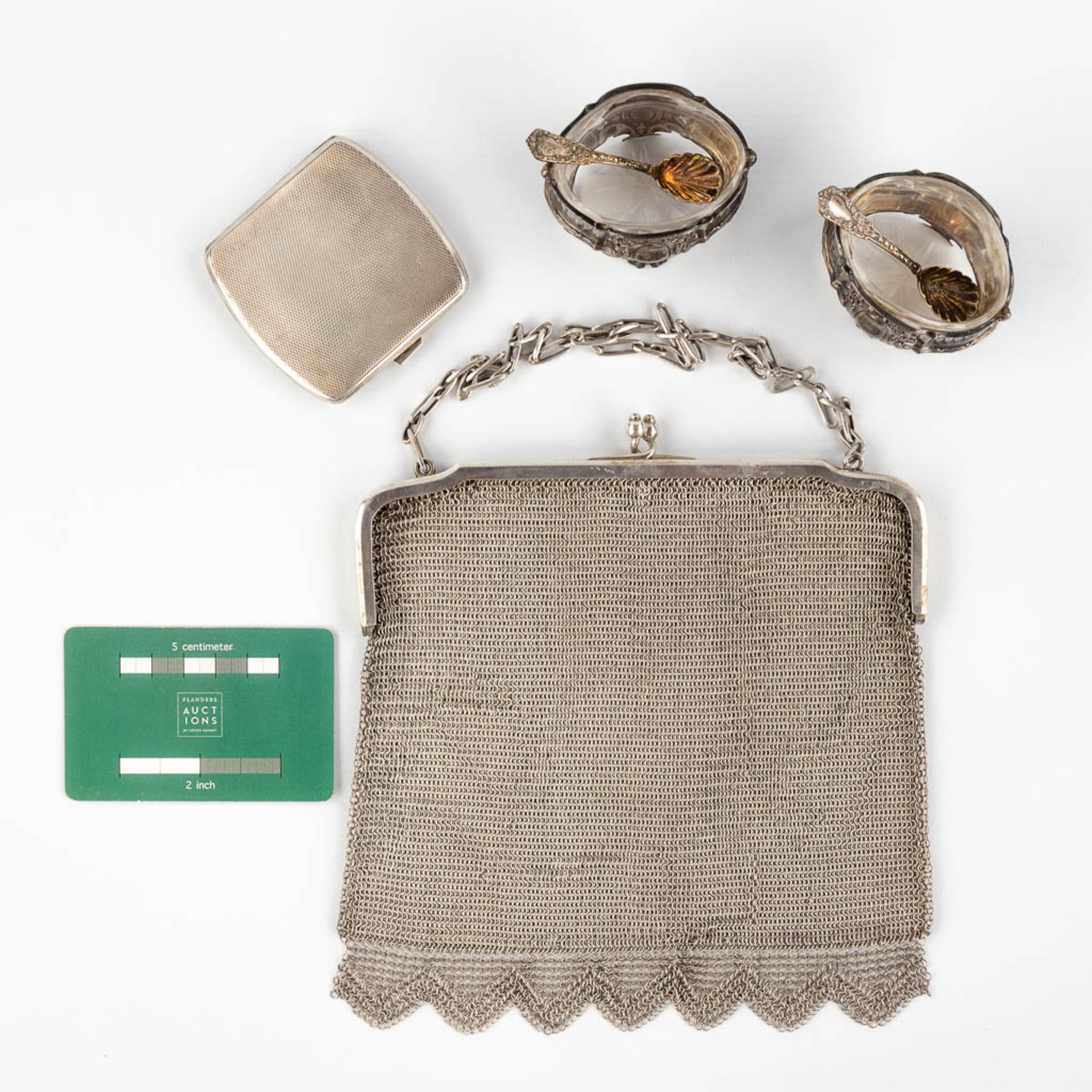 A silver purse, pepper, salt, and powder box, all silver, marked Delheid, Germany and England (W:18 - Image 2 of 24