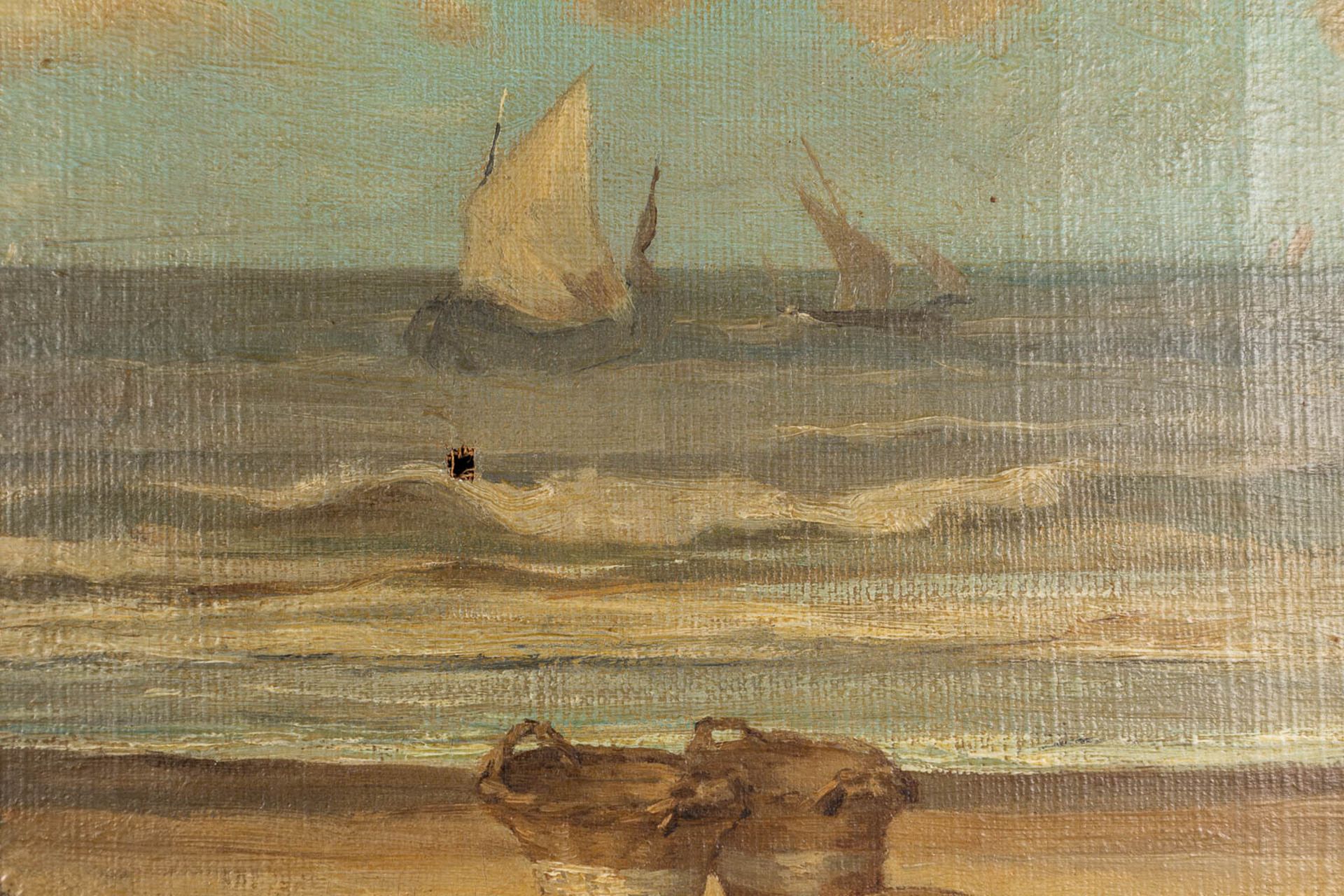 Félix COGEN (1838-1907) 'Fisherman's wife on the beach' oil on canvas. (W:80 x H:45 cm) - Image 6 of 9