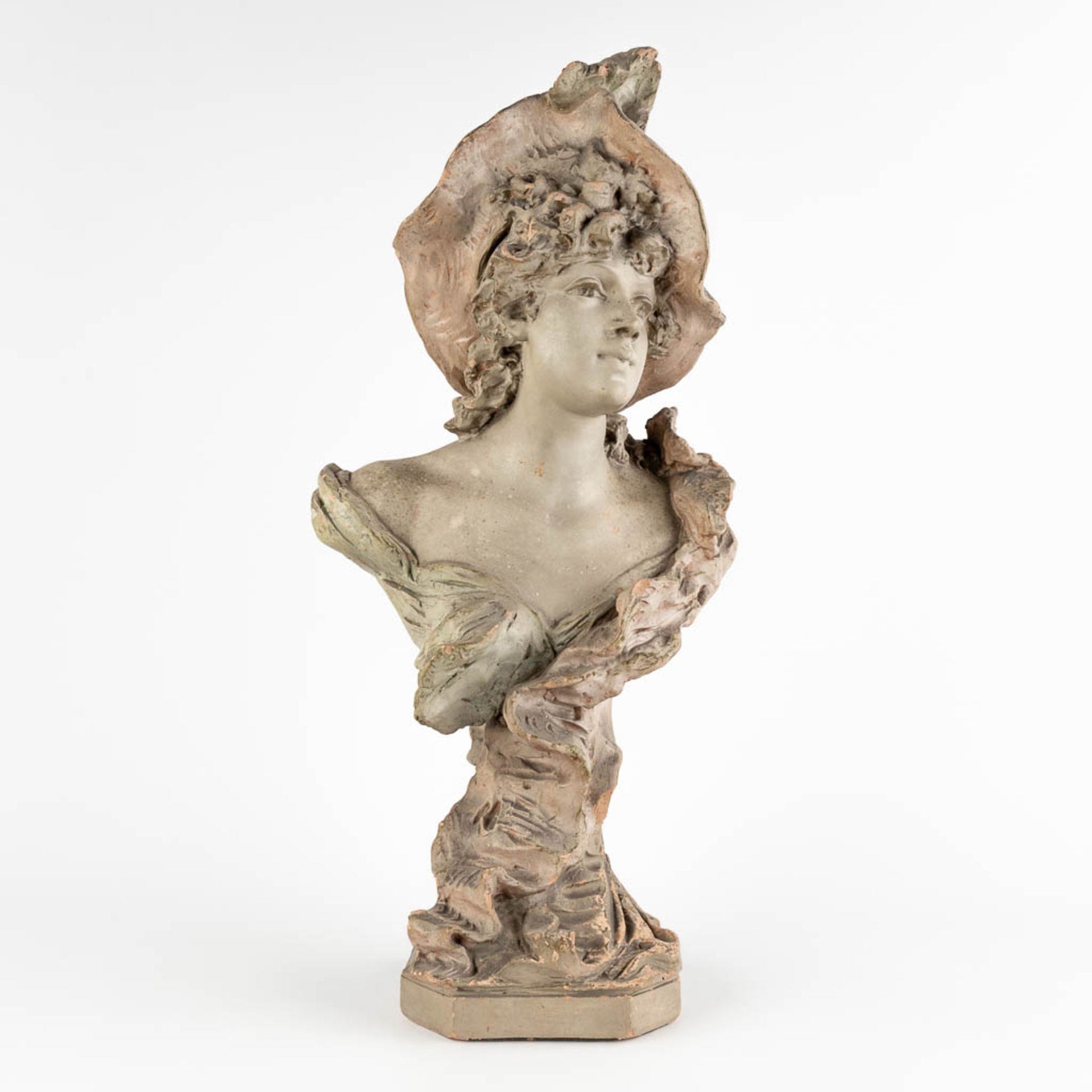 Van Hasselt &amp; Co, 'Bust of a lady' patinated terracotta. Art Nouveau period. (D:19 x W:28 x H:61 - Image 3 of 15