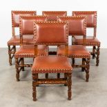 A set of 6 antique Flemish chairs, uphostered with leather. (D:47 x W:44 x H:93 cm)