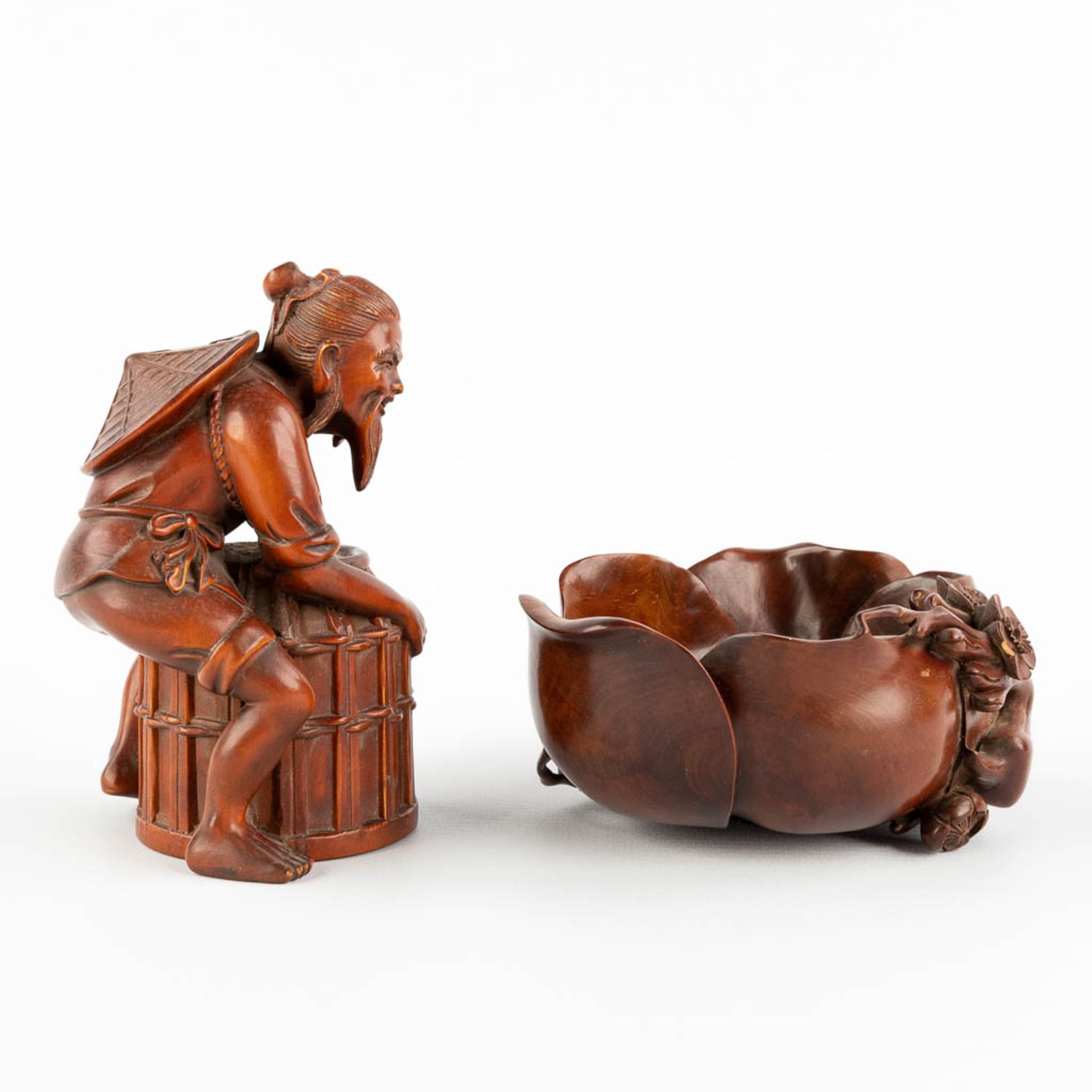 Two Chinese wood sculptures, a fisherman and a brushpot in the shape of a lotus flower. (D:8 x W:8 x - Image 4 of 13