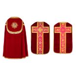 A Cope and two Roman Chasubles, thick gold thread embroideries with an image of The Holy Lamb.