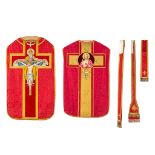 Lithurgical vestments 'Two Roman Chasubles, Stola', embroideries with floral and figurative decor.