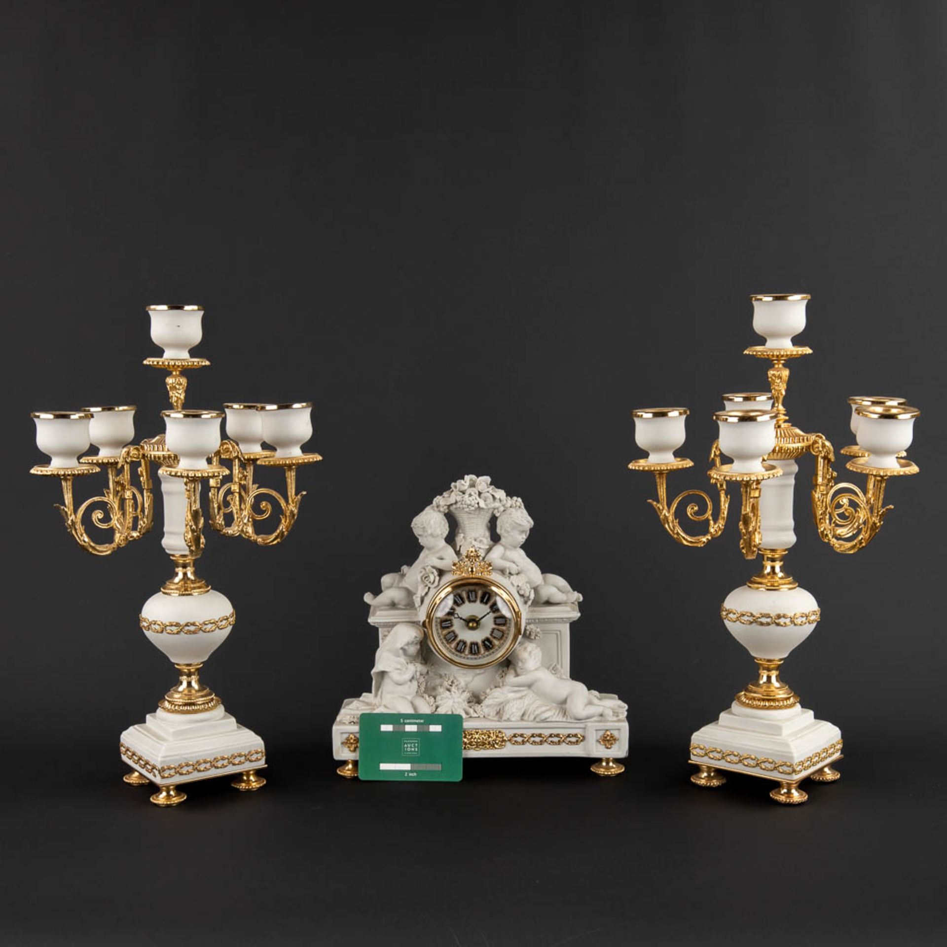 A three piece mantle garniture clock and candelabra, bisque porcelain, 20th C. (D:11 x W:25 x H:26 c - Bild 2 aus 15