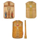 Lithurgical vestments 'Three Roman Chasubles and a Stola', thick gold thread embroideries with a flo