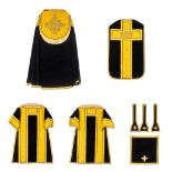 Lithurgical vestments 'A cope, Two dalmatics and a Roman Chasuble', embroideries with an IHS logo.