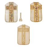 Lithurgical vestments 'Three Roman Chasubles and a maniple', thick gold thread embroideries with a f