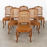 6 chairs, Louis XV, sculptured oak with leather and caning, 18th/19th C. (D:47 x W:49 x H:92 cm)