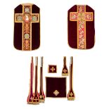 Lithurgical vestments 'Two Roman Chasubles, Stola and Chalice veil', embroideries with a floral deco