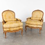 A pair of 'Bergère' armchairs, Louis XV, reupholstered, 19th C. (D:80 x W:78 x H:97 cm)