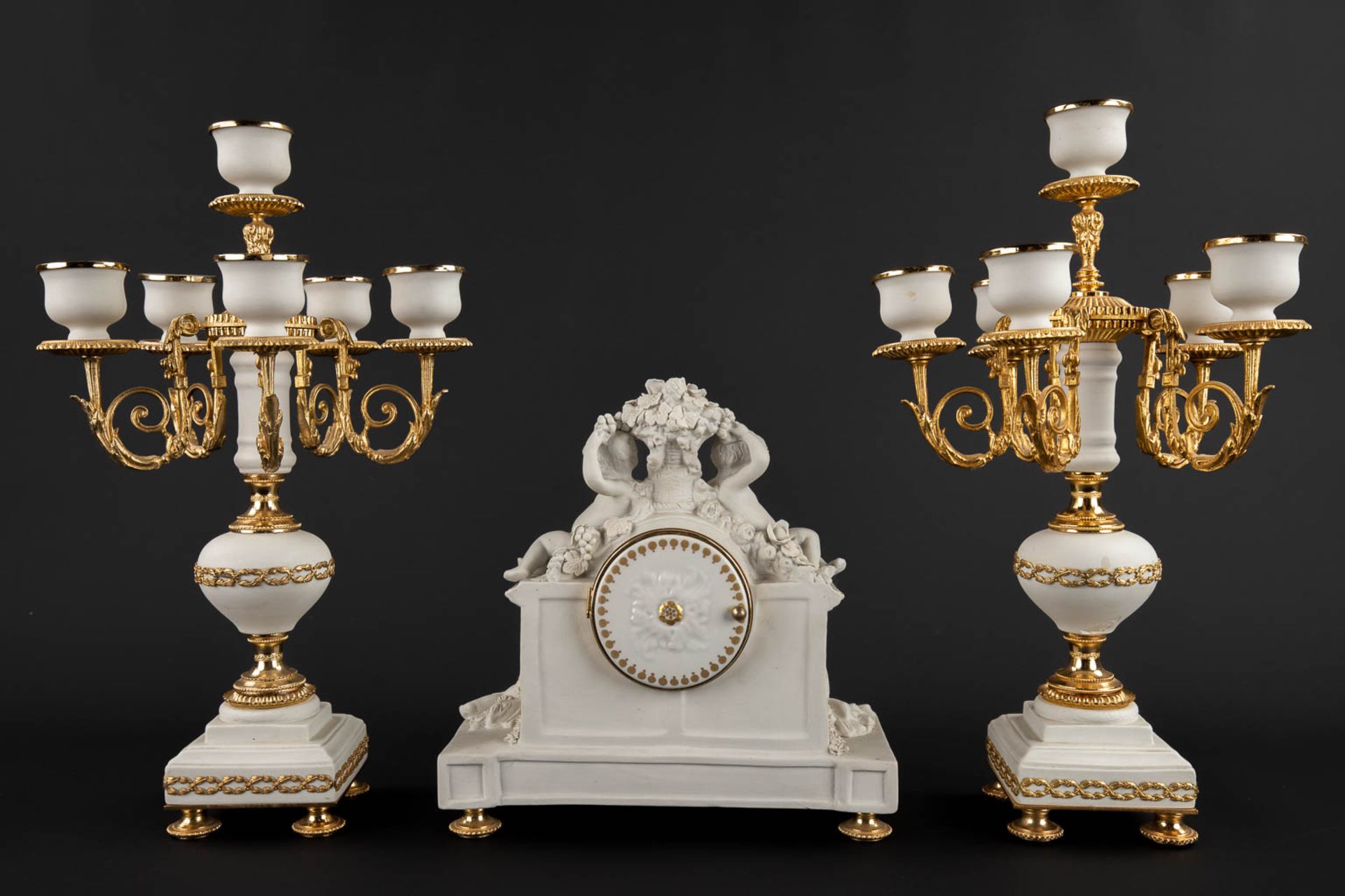 A three piece mantle garniture clock and candelabra, bisque porcelain, 20th C. (D:11 x W:25 x H:26 c - Bild 5 aus 15