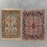 Two Oriental hand-made carpets. Zijde, Kashimir &amp; Qushan, Iran. (W: 125,5 x L: 89 cm)