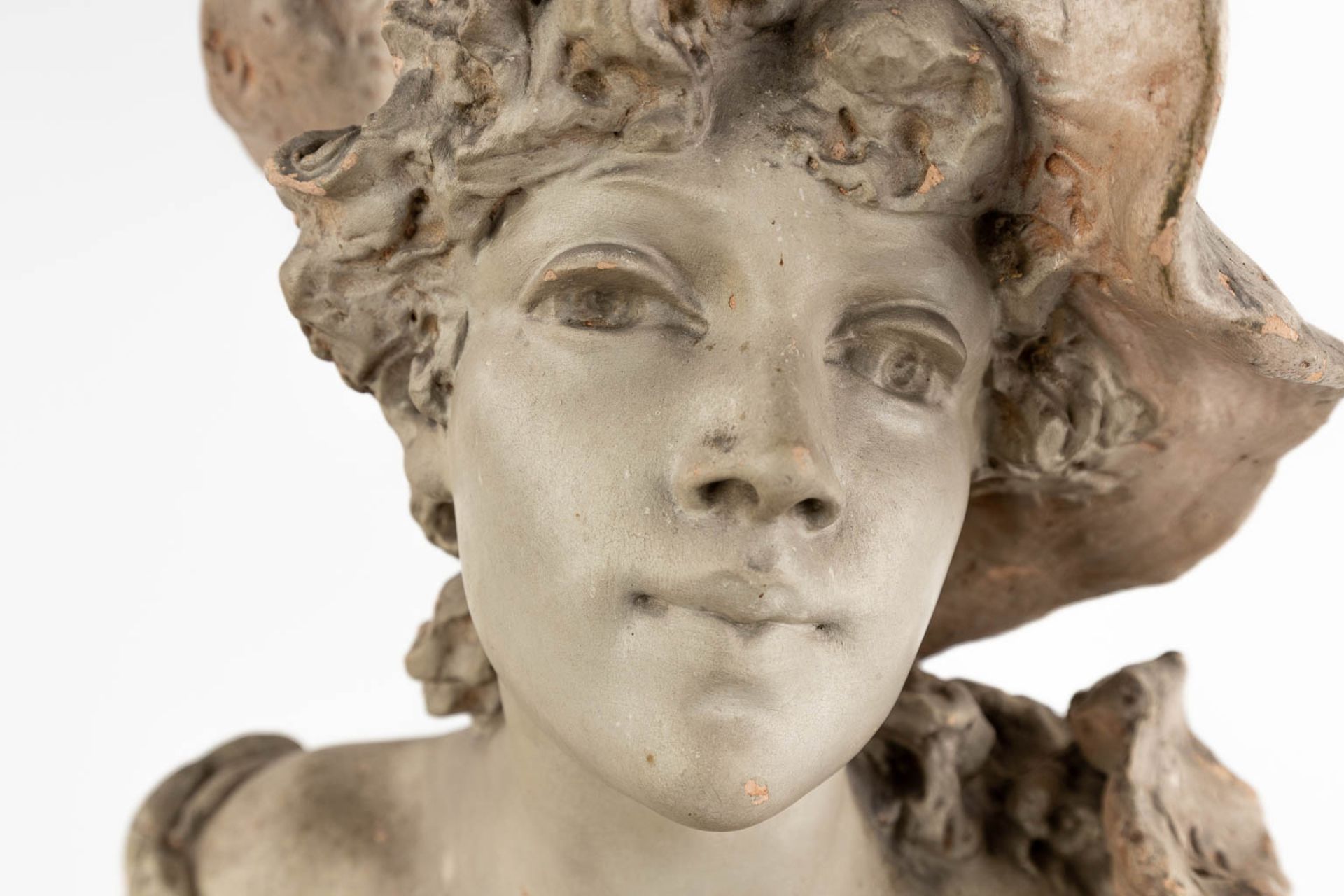 Van Hasselt &amp; Co, 'Bust of a lady' patinated terracotta. Art Nouveau period. (D:19 x W:28 x H:61 - Image 8 of 15