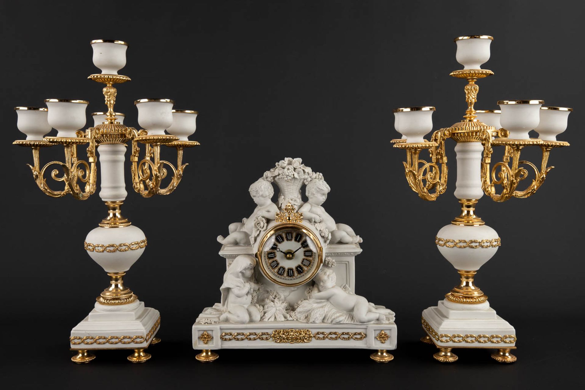 A three piece mantle garniture clock and candelabra, bisque porcelain, 20th C. (D:11 x W:25 x H:26 c - Bild 3 aus 15